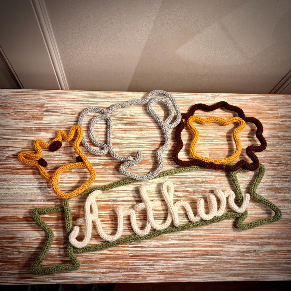 Personalised Knitted Wire Art Safari Name Sign - Giraffe, Elephant, Lion.  Nursery Name Sign