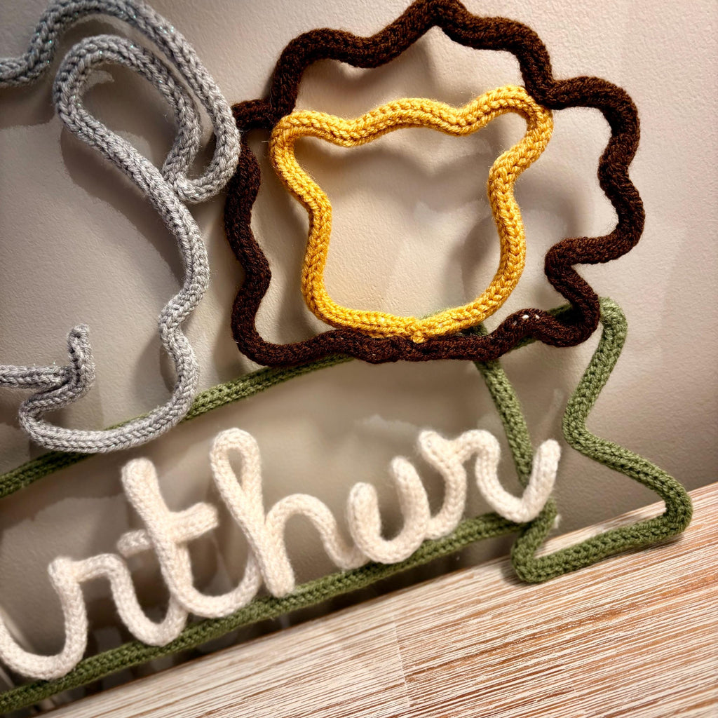 Personalised Knitted Wire Art Safari Name Sign - Giraffe, Elephant, Lion.  Nursery Name Sign